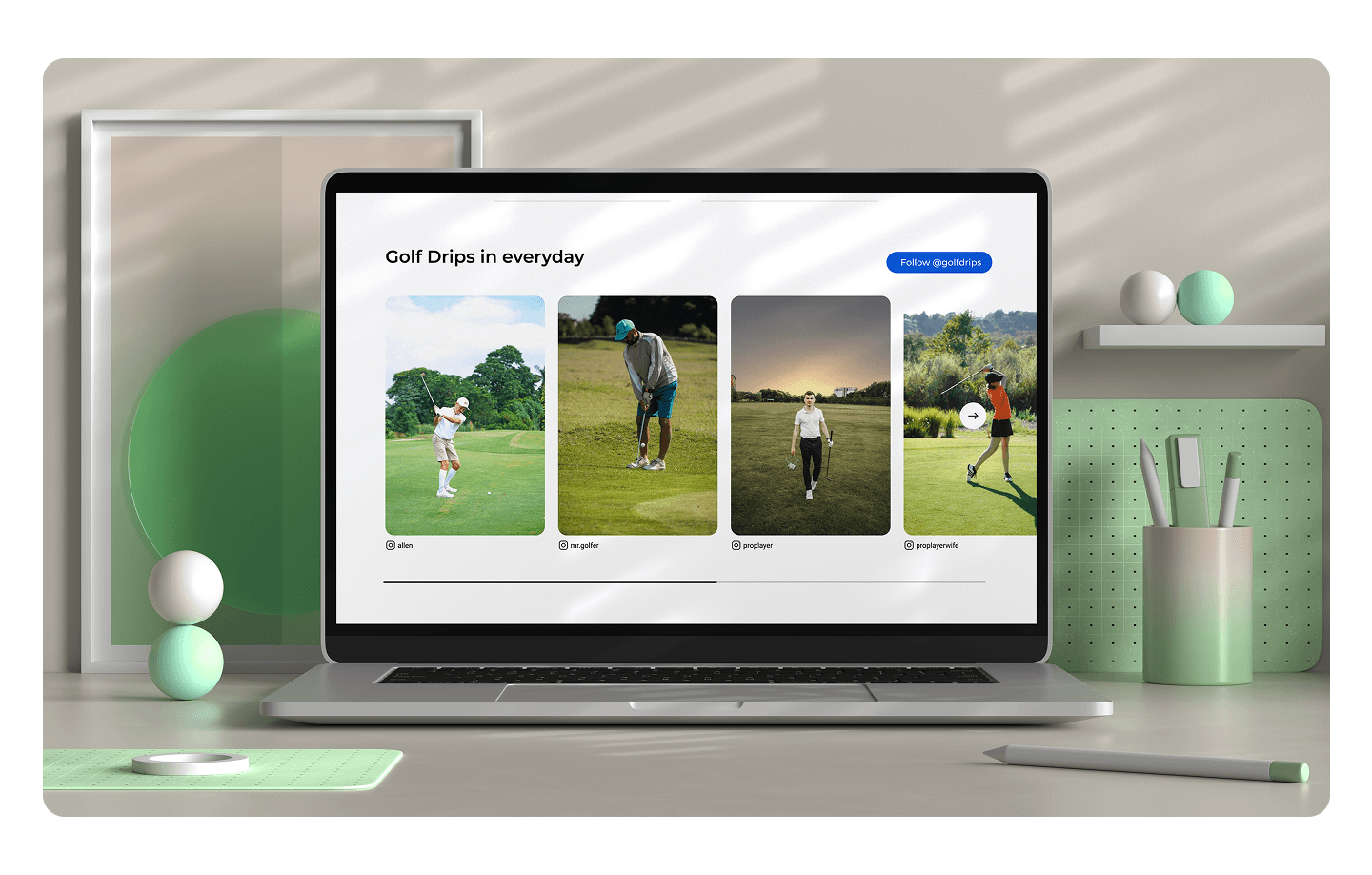 "Stylish laptop displaying a golf-themed social media gallery titled 'Golf Drips in Everyday,' showcasing golfers in action and golf fashion trends. Modern workspace setup with green accents, ideal for golf enthusiasts and lifestyle branding."