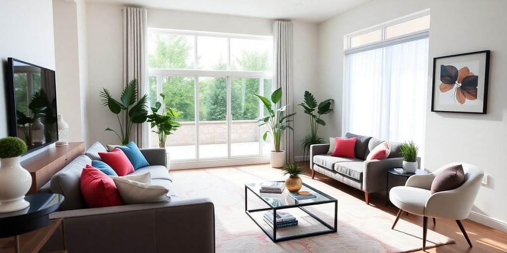 Modern living room with vibrant decor and natural light.