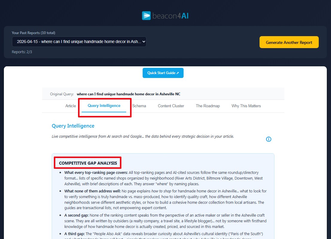 screenshot of the Query Intelligence page of Beacon4ai's Content Strategy Report