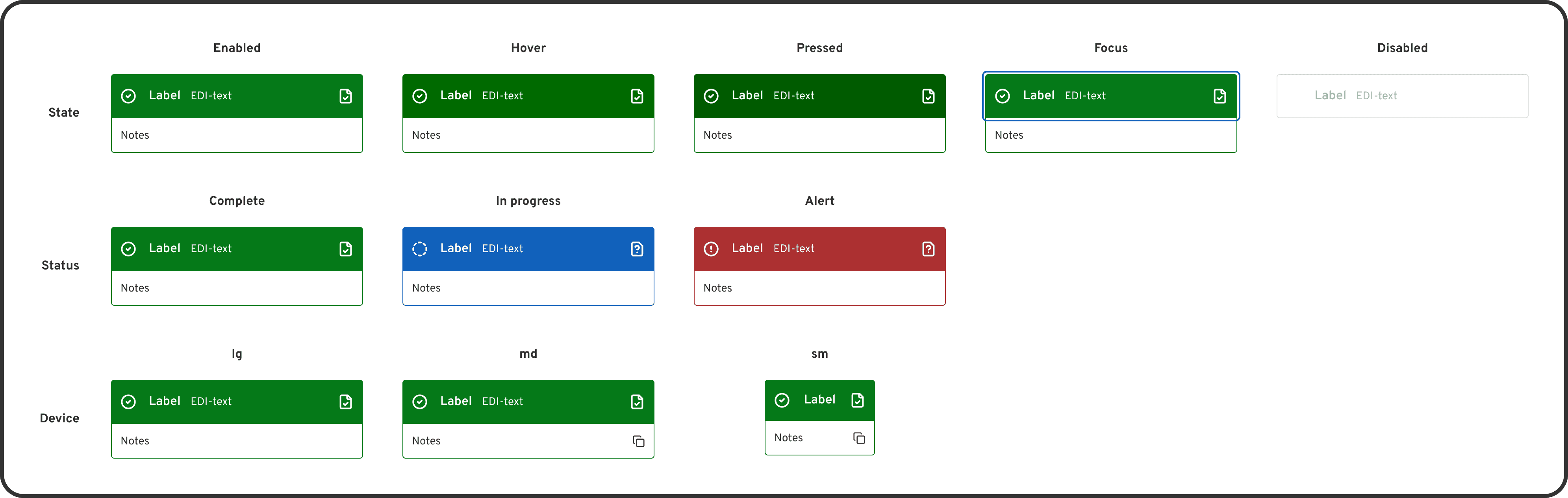 Detailed specification for workflow card component, displaying colour-coded status indicators (complete/green, in-progress/blue, alert/red) and responsive behaviour for different device sizes.