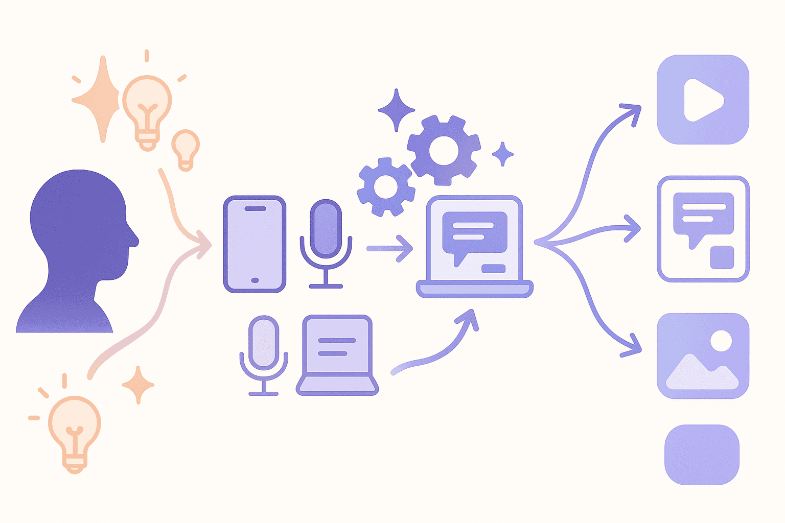 Flow diagram of founder ideas captured, processed by AI, and fanning out to multiple social platforms