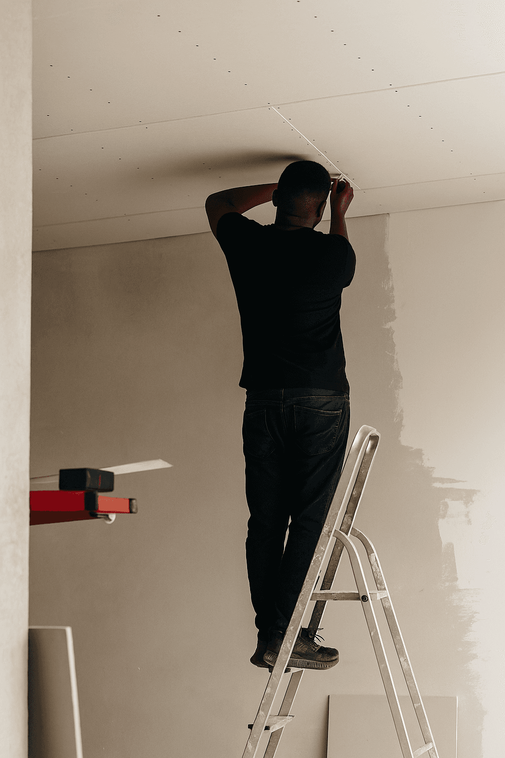 Un homme vêtu d'un linge noir et d'un jean se tient sur une échelle, occupé à fixer un plafond dans une maison en martinque dans une pièce partiellement peinte. La scène dégage une impression de concentration et de travail.