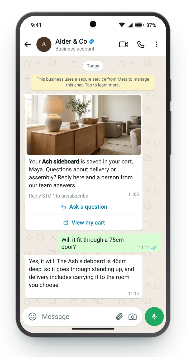 A question answered in the chat: WhatsApp cart reminder on an Android phone
