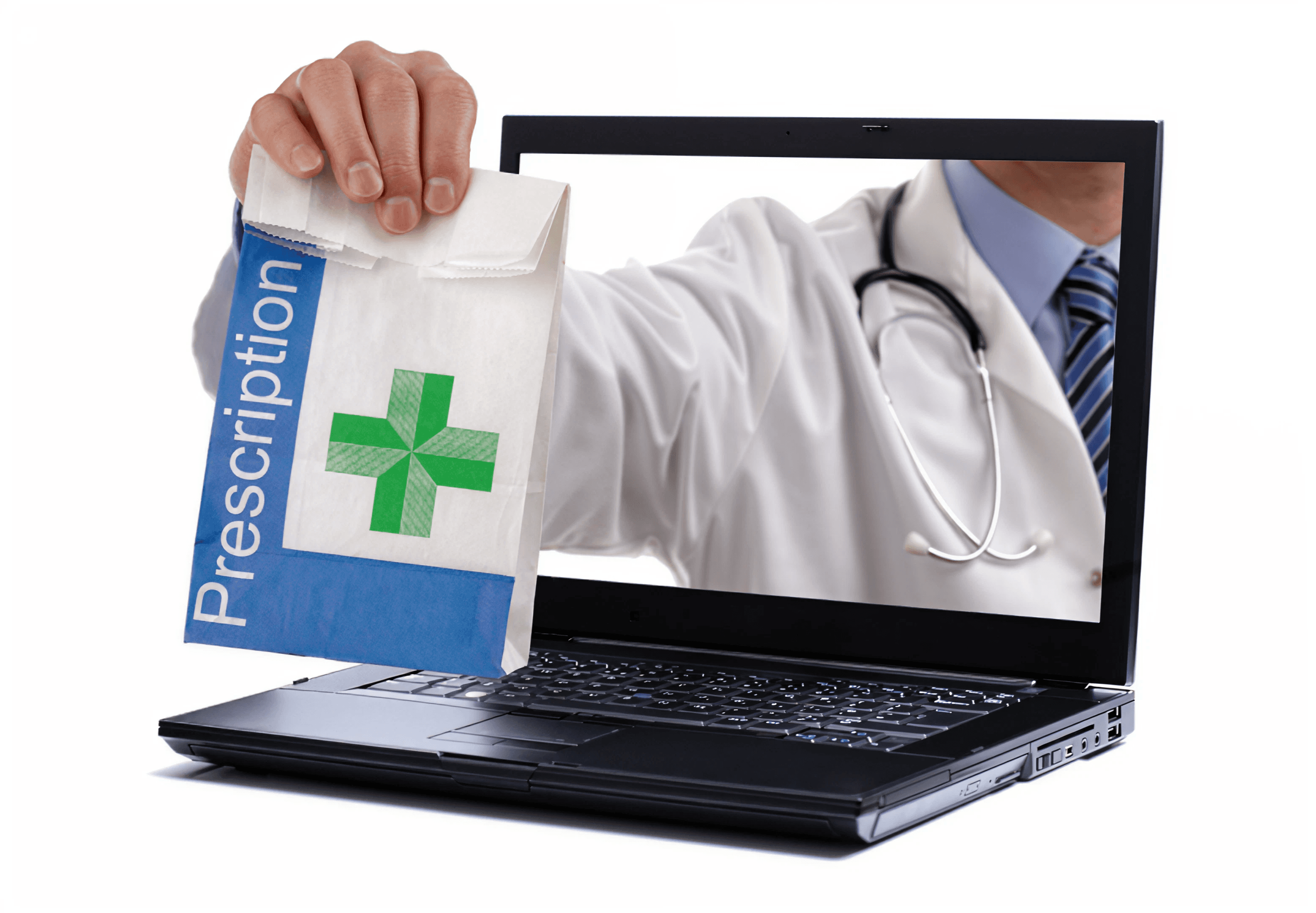 Digital prescription service with doctor handing out medicine online