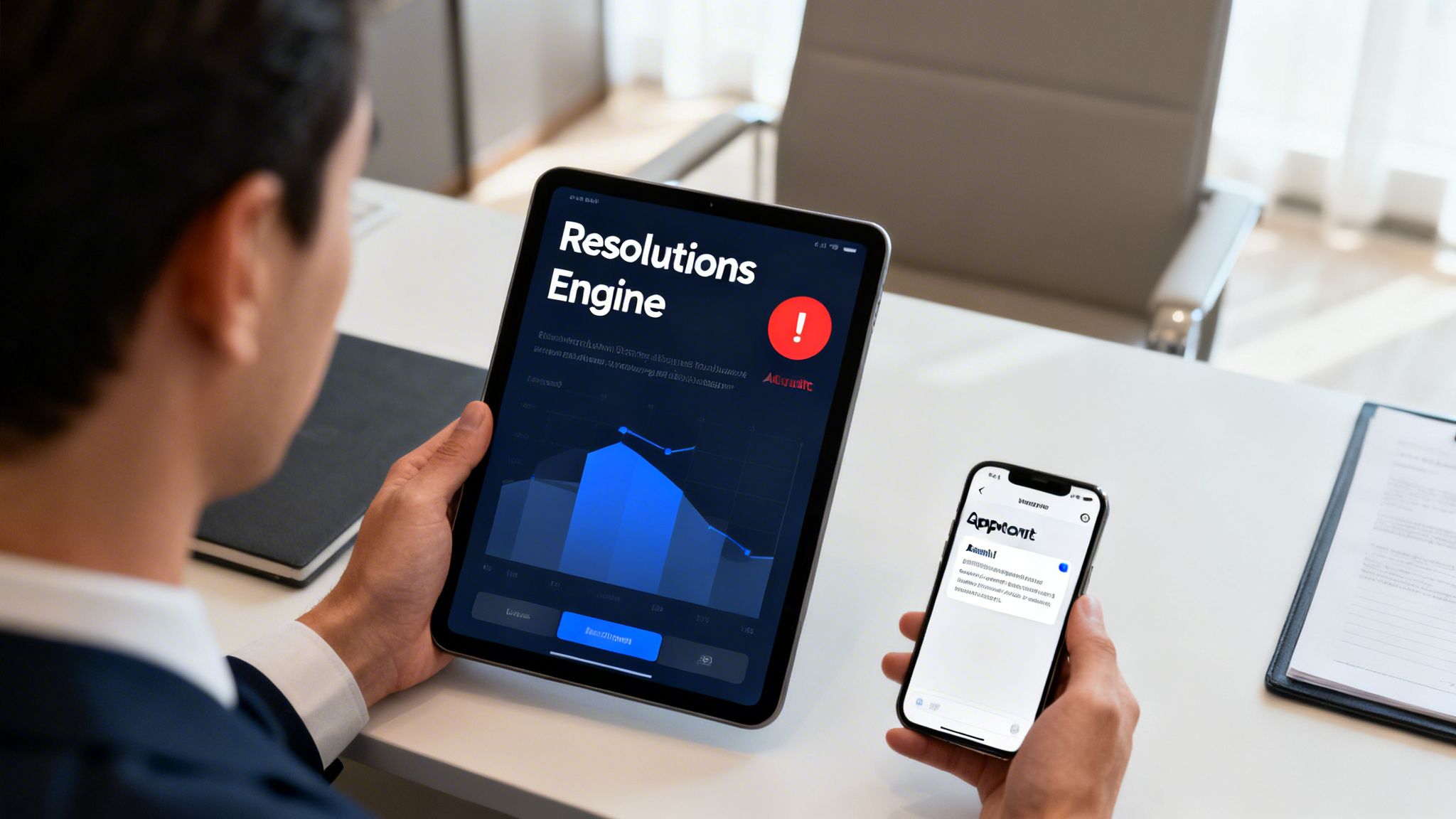 A man reviews a 'Resolutions Engine' on a tablet and holds a smartphone with an 'Apptonit' app, showing digital customer experience tools.