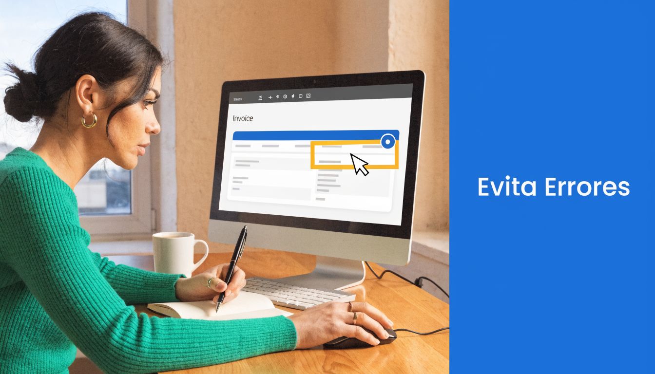Una mujer trabajando en un ordenador revisando facturas para evitar errores en sus procesos de contabilidad.