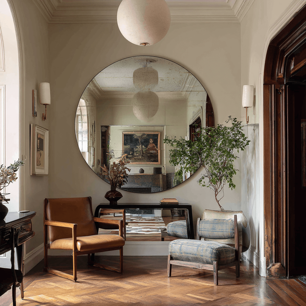 A large round mirror is mounted on the wall, reflecting the surrounding space.
