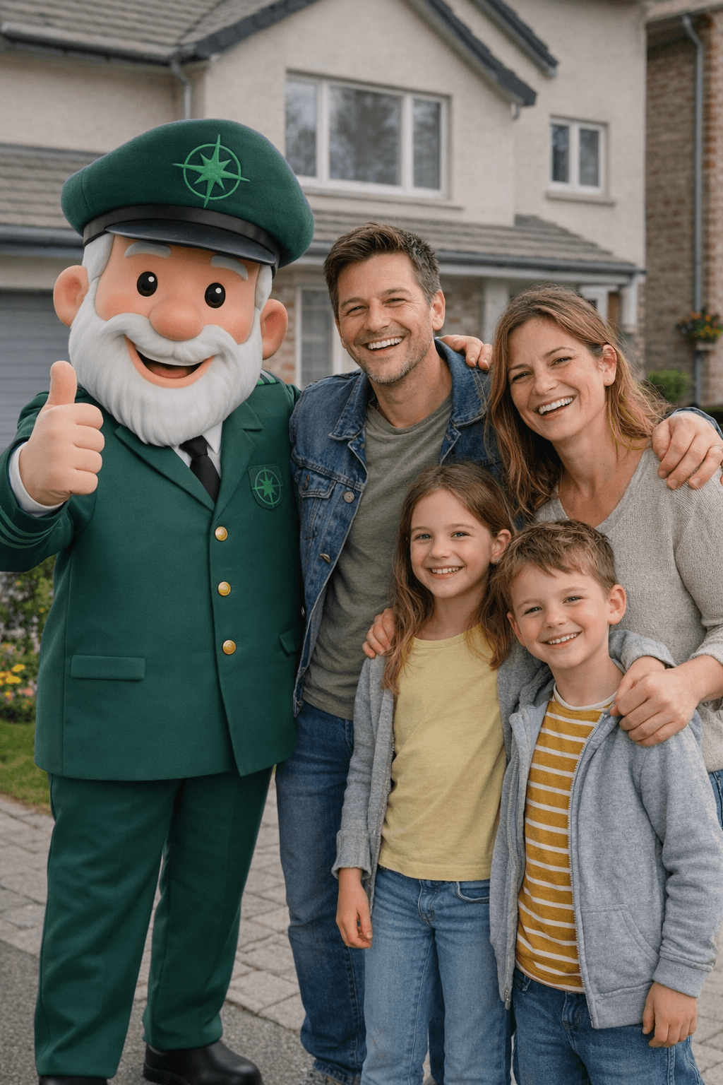 Glückliche Familie sitzt im Wohnzimmer ihres Eigenheims und zeigt Daumen nach oben. Symbolbild für erfolgreiche Baufinanzierung, Eigenheim und zufriedene Hausbesitzer in Deutschland.