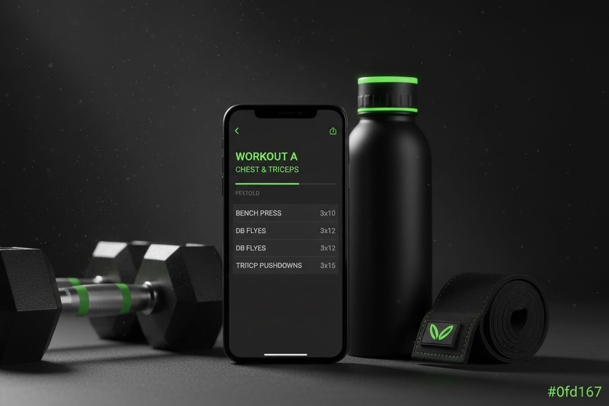 Workout log app beside gym gear