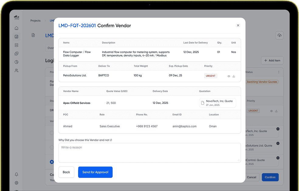 Confirm vendor — write a justification modal