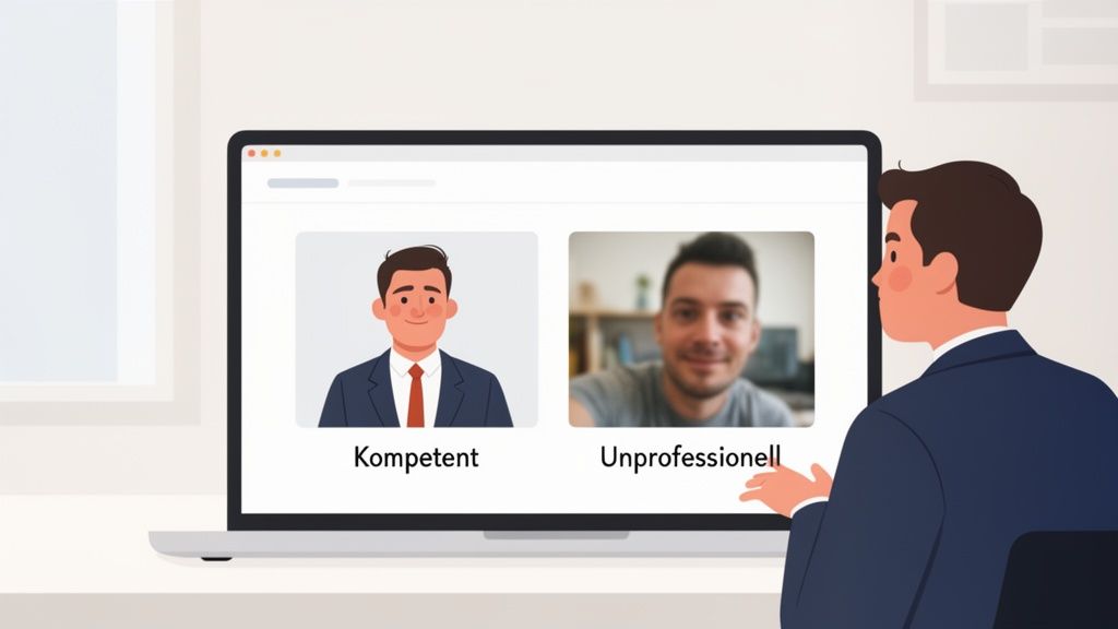 Mann betrachtet Laptop mit zwei Profilbildern: ein professionelles (Kompetent) und ein unscharfes (Unprofessionell).
