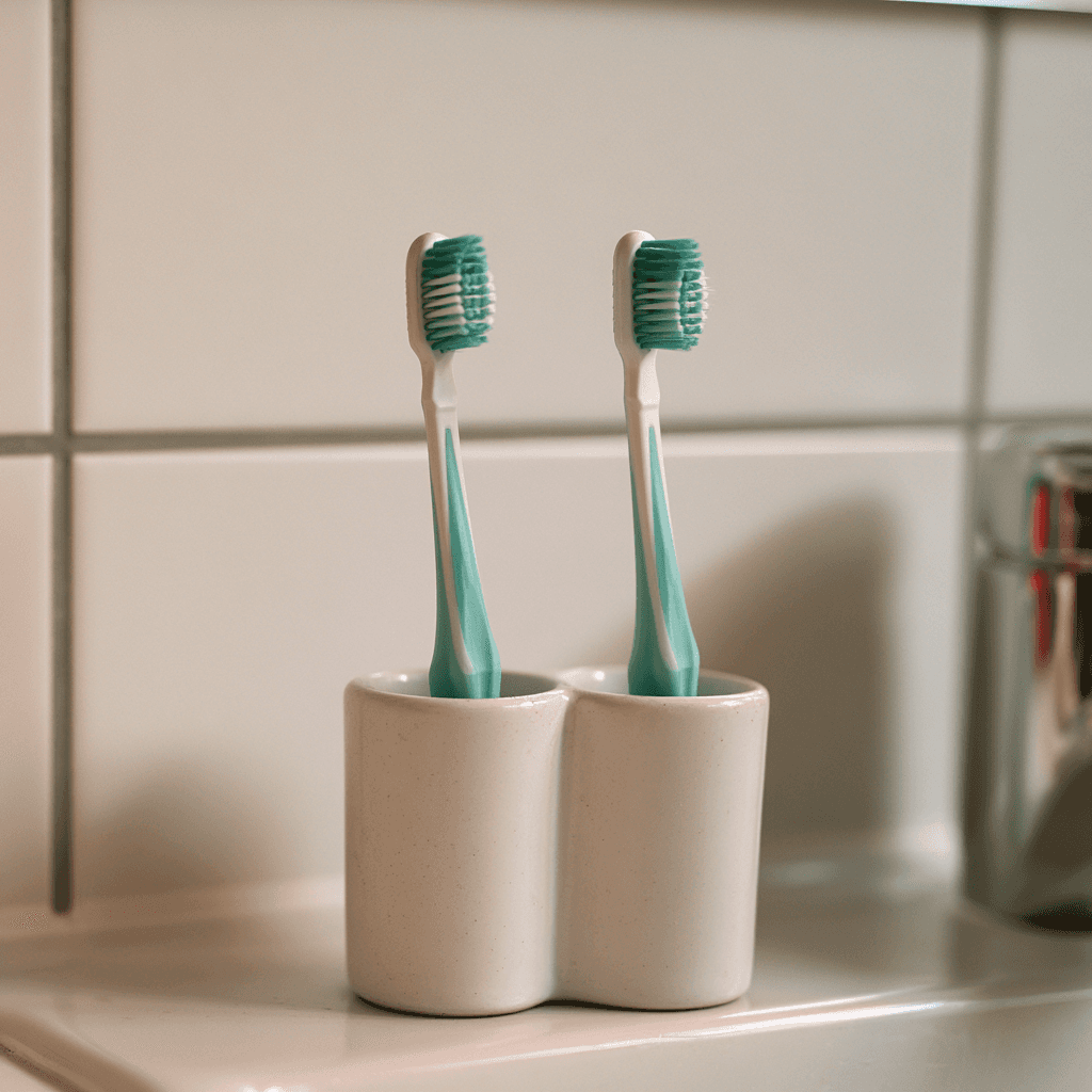 Two toothbrushes in a holder on a bathroom sink