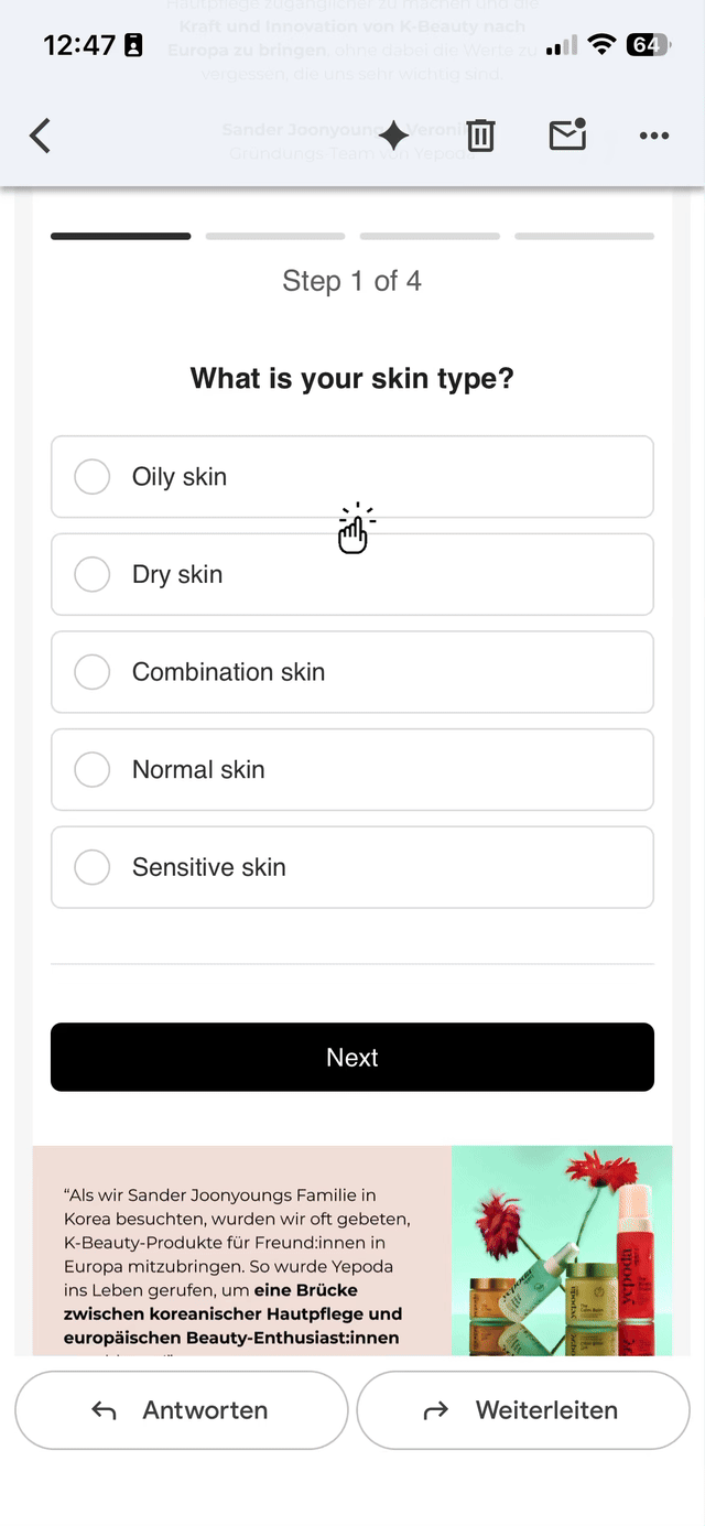 Kinetic in-email quiz on a mobile device showing a skin type question with five multiple-choice options embedded directly inside an email, displaying Steps 1 through 4