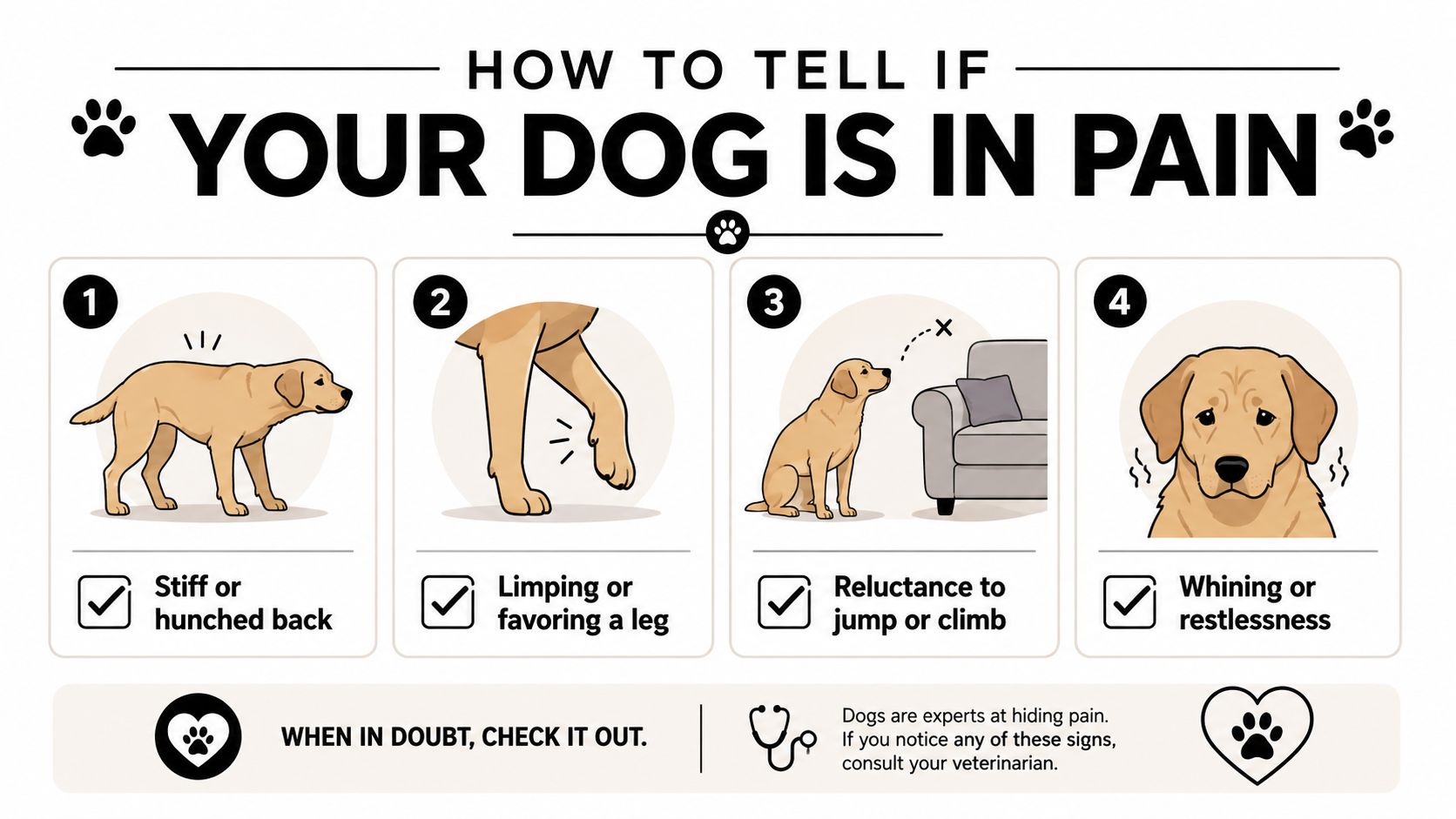 An infographic titled How to Tell if Your Dog Is in Pain, displaying four common physical warning signs.