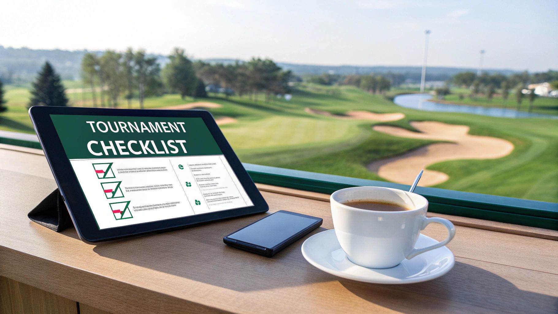 A tablet displaying a 'Tournament Checklist' next to coffee and a phone, overlooking a sunny golf course.