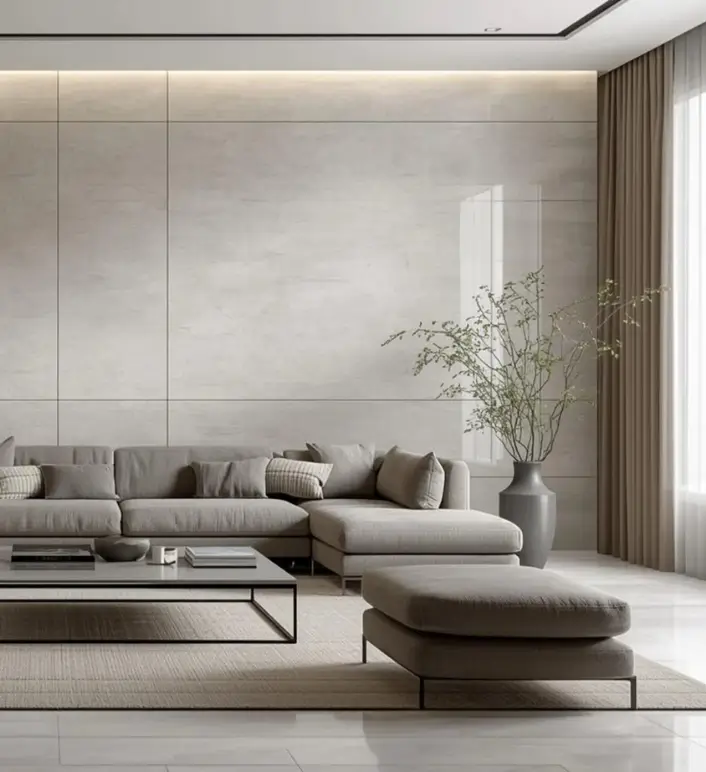 Luxury modern living room design featuring gray sectional and large format wall tiles.