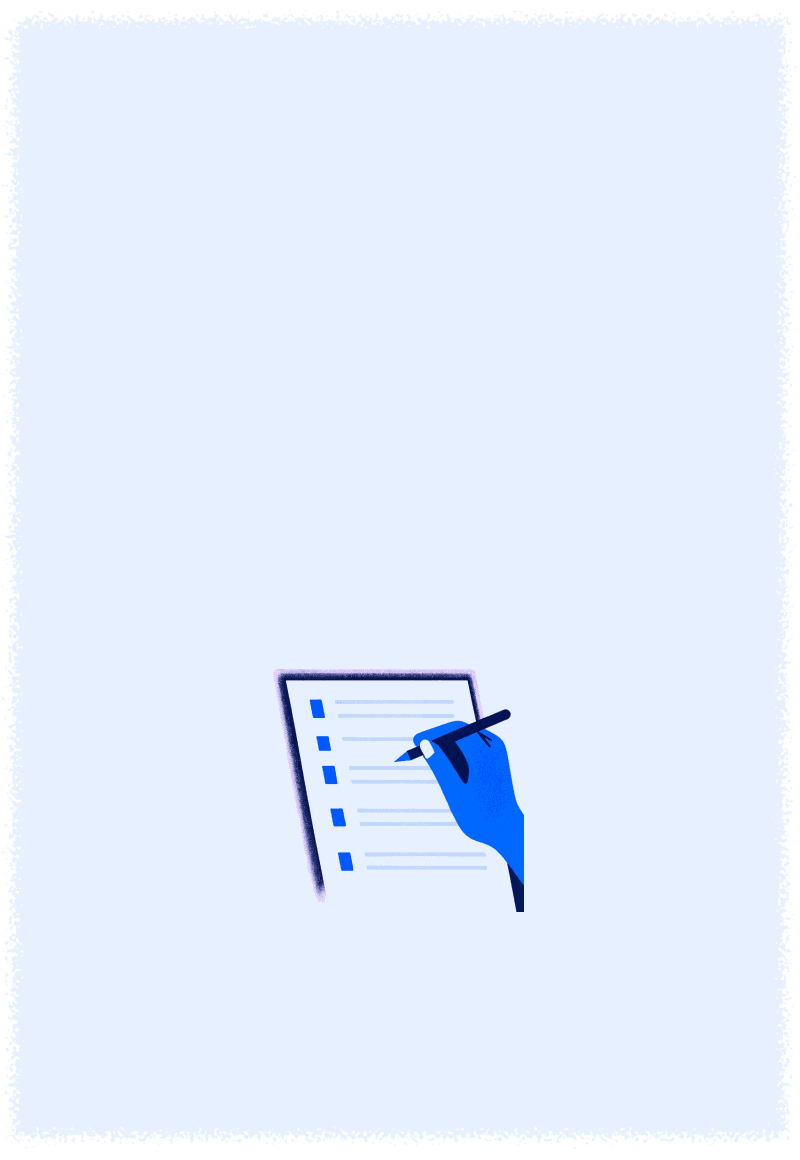 A simple blue pen sits on the edge of a blue notepad or paper against a light blue background.