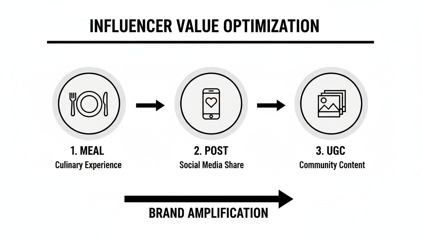 Diagram illustrating influencer value optimization from culinary experience to social media share and user-generated content.