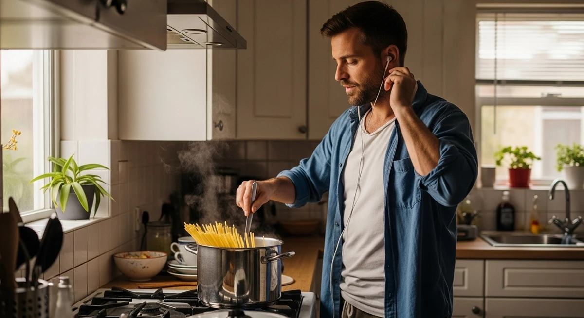 Man in blue denim shirt cooking spaghetti in steaming pot on gas hob while listening to earphones, bright homely kitchen with indoor plants and natural window light