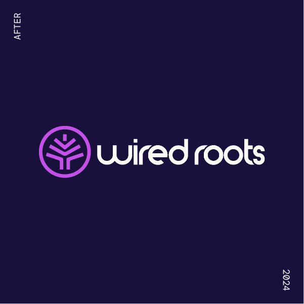 A 2024 version of the 'Wired Roots' logo on a deep purple background. The updated logo features a stylized tree mark enclosed in a purple circular outline on the left, resembling connected pathways that evoke technology and nature. Next to it, the brand name 'wired roots' is written in sleek, modern lowercase letters in white, with a smooth, rounded typeface that complements the symbol. On the left side, 'AFTER' is written vertically, and '2024' is on the right, signifying this as the latest logo iteration