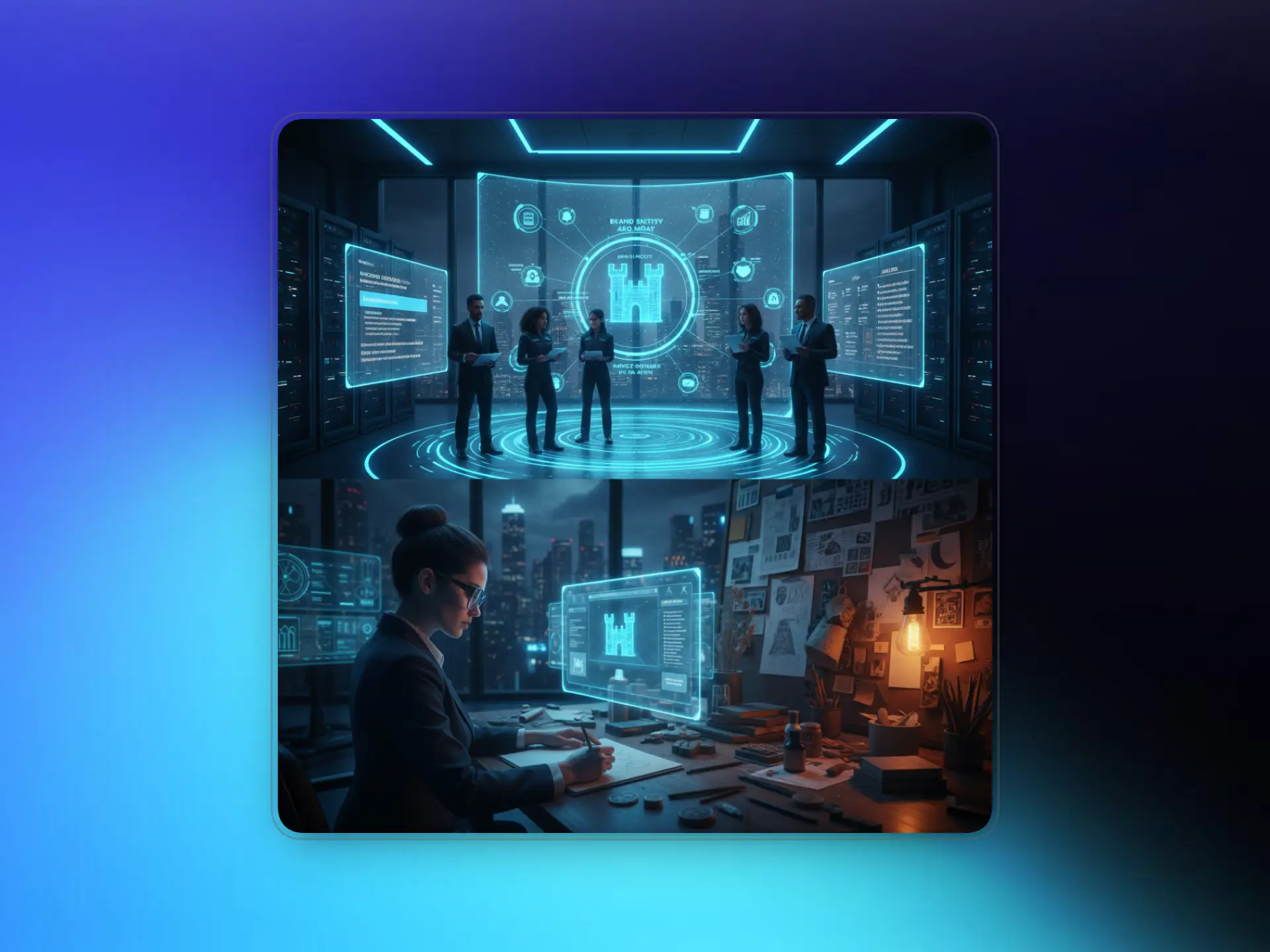 Executives analyzing Answer Engine Optimization strategy in a high-tech digital environment, highlighting brand entity structure for AI discoverability in 2026.