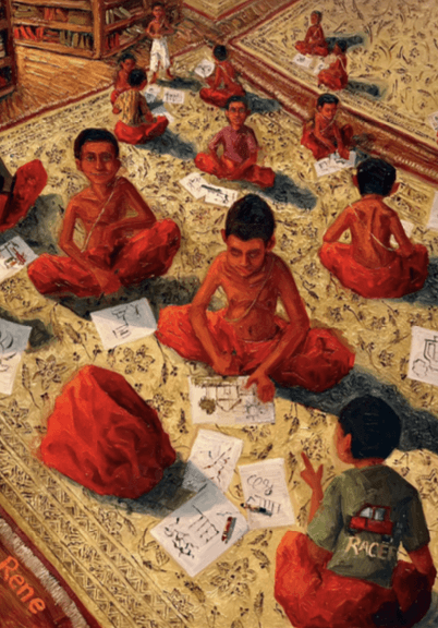 herd of sheep on road painting