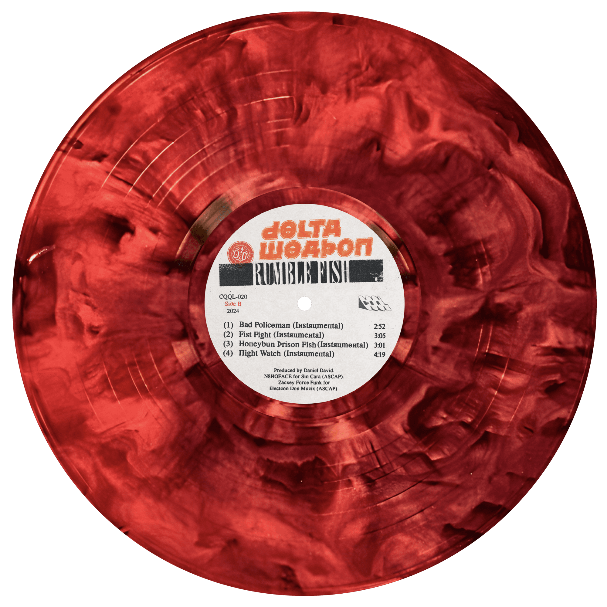Red vinyl record with a label on a white background
