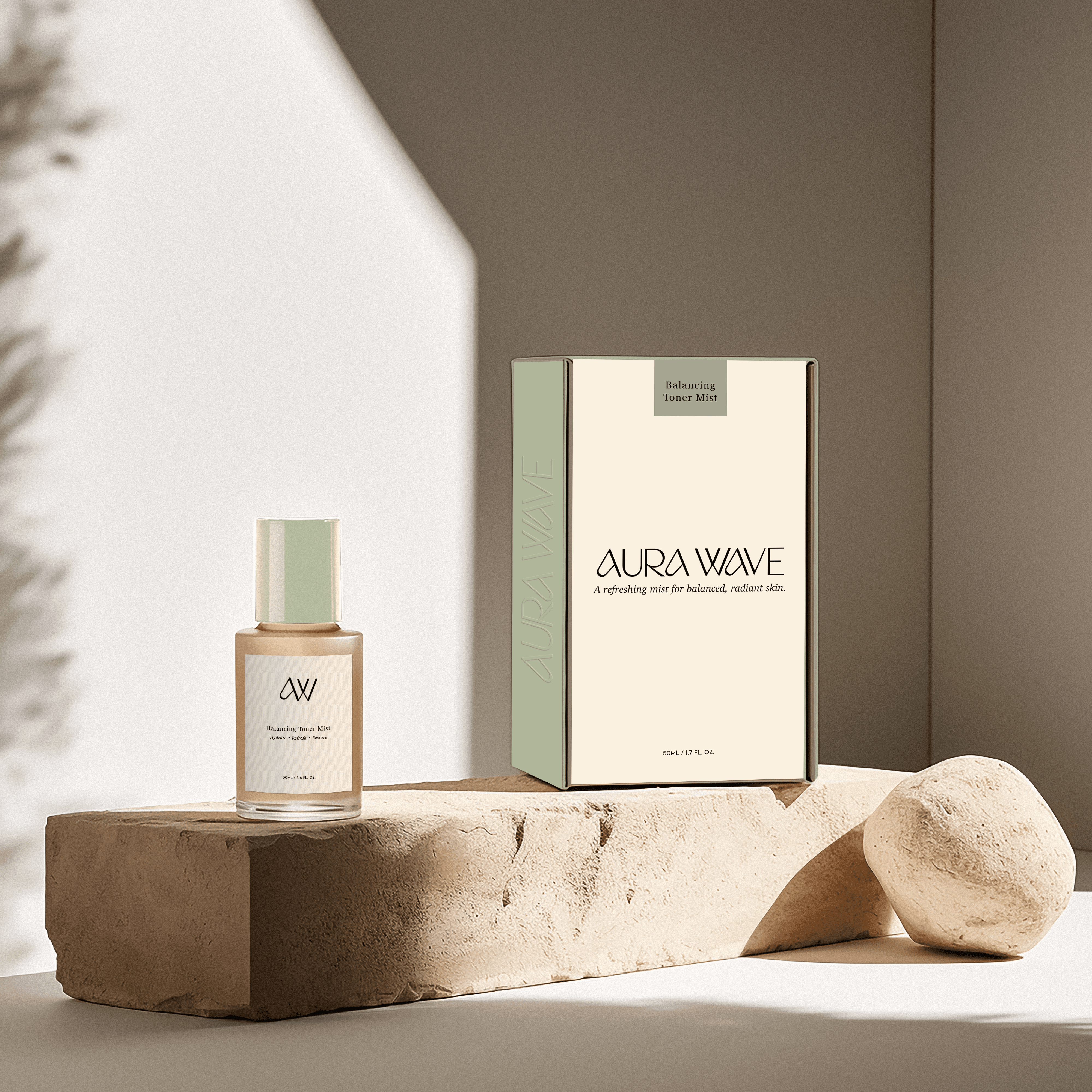 Bottle and package of skincare on a rock