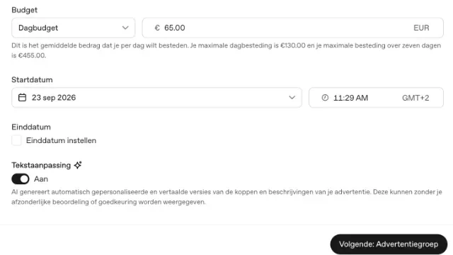 Scherm met dagbudget 65 euro, maximale dagbesteding 130 euro en 455 euro per zeven dagen, startdatum en Tekstaanpassing Aan