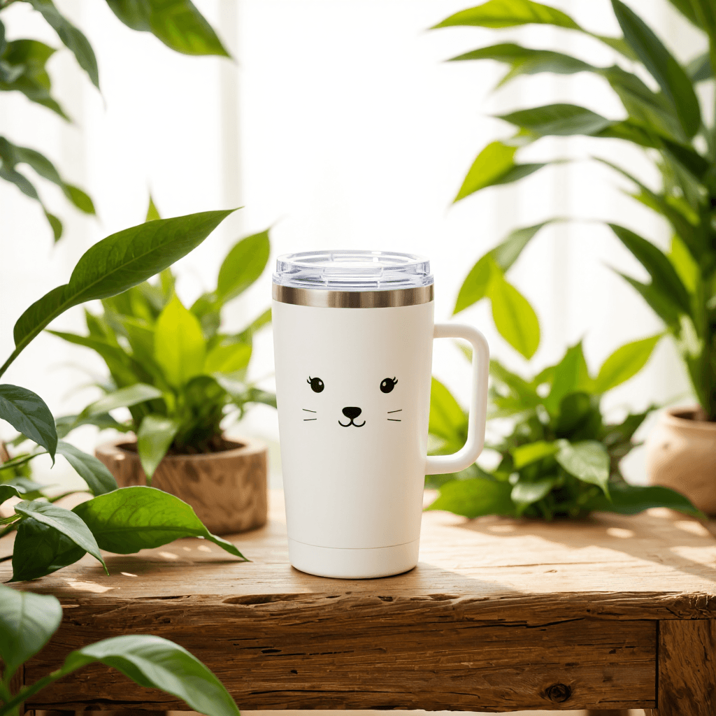 product photography of a travel mug with a cute animal design, used for beverages