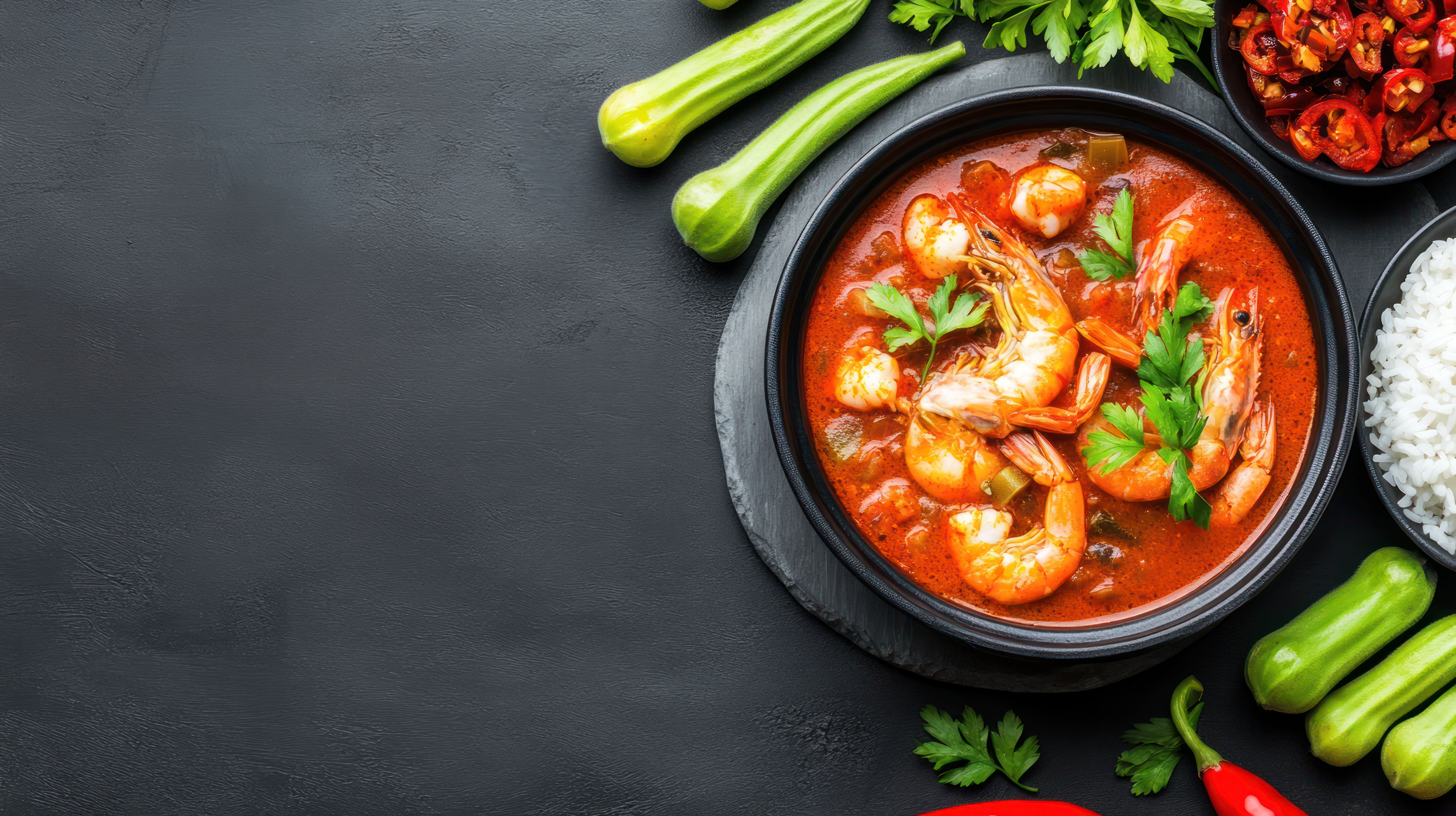 A vibrant bowl of shrimp curry with vegetables, surrounded by fresh ingredients on a dark background.