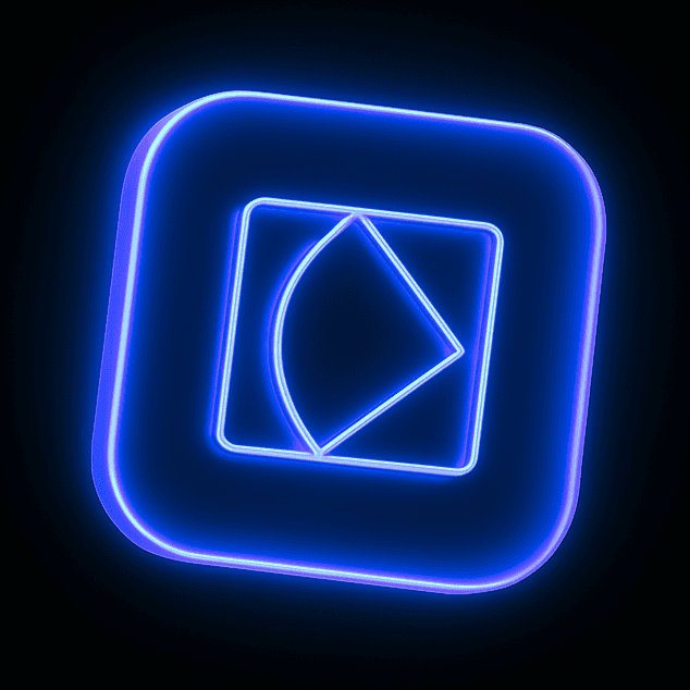 Glowing blue neon emblem with geometric shapes on a dark background.