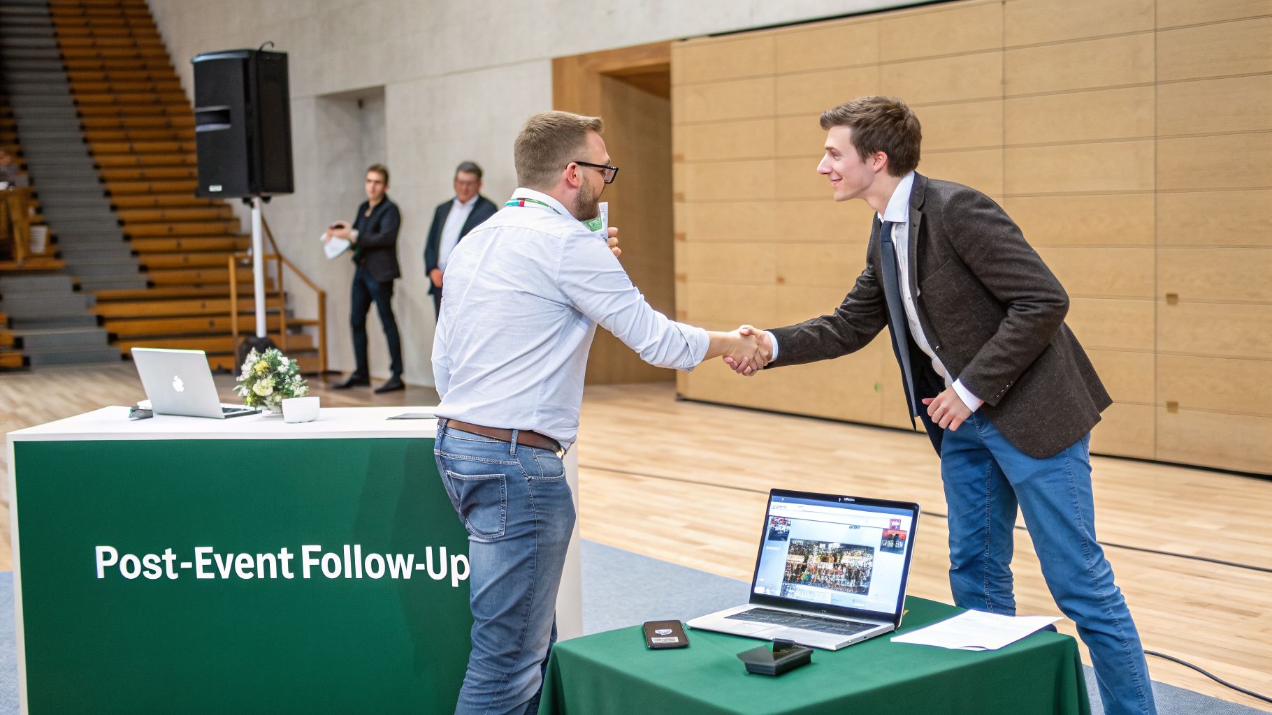 Two smiling men shaking hands at a professional networking or post-event follow-up gathering with laptops.