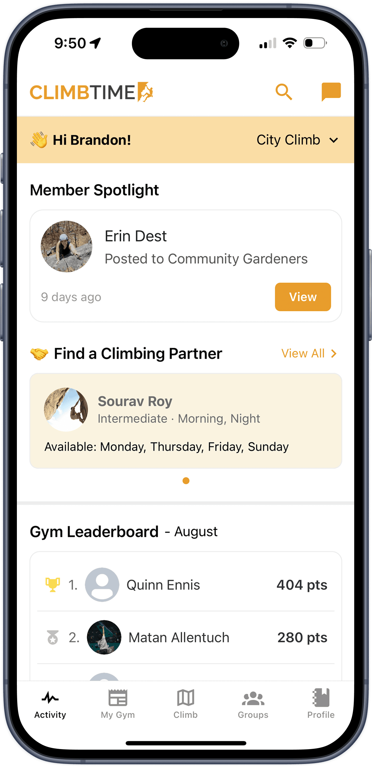 Rock climbing gym app