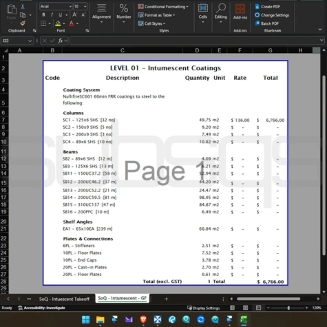 screenshot of microsoft excel workbook showing the detailed takeoff page for intumescent coatings takeoff by SubsQS Ltd