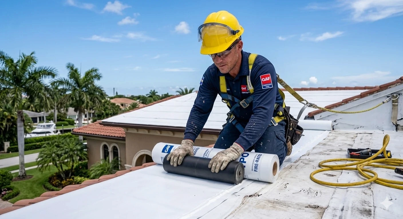 Residential flat roof repair South Florida — licensed technician repairing membrane leak, Roofing Network