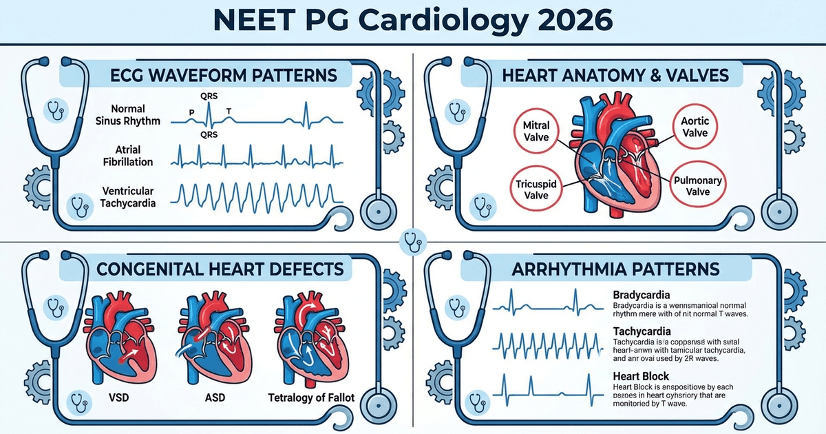 Cover: High-Yield NEET PG Cardiology Topics 2026: ECG Interpretation, Congenital Heart Diseases, Arrhythmias and Valvular Disorders Complete Guide