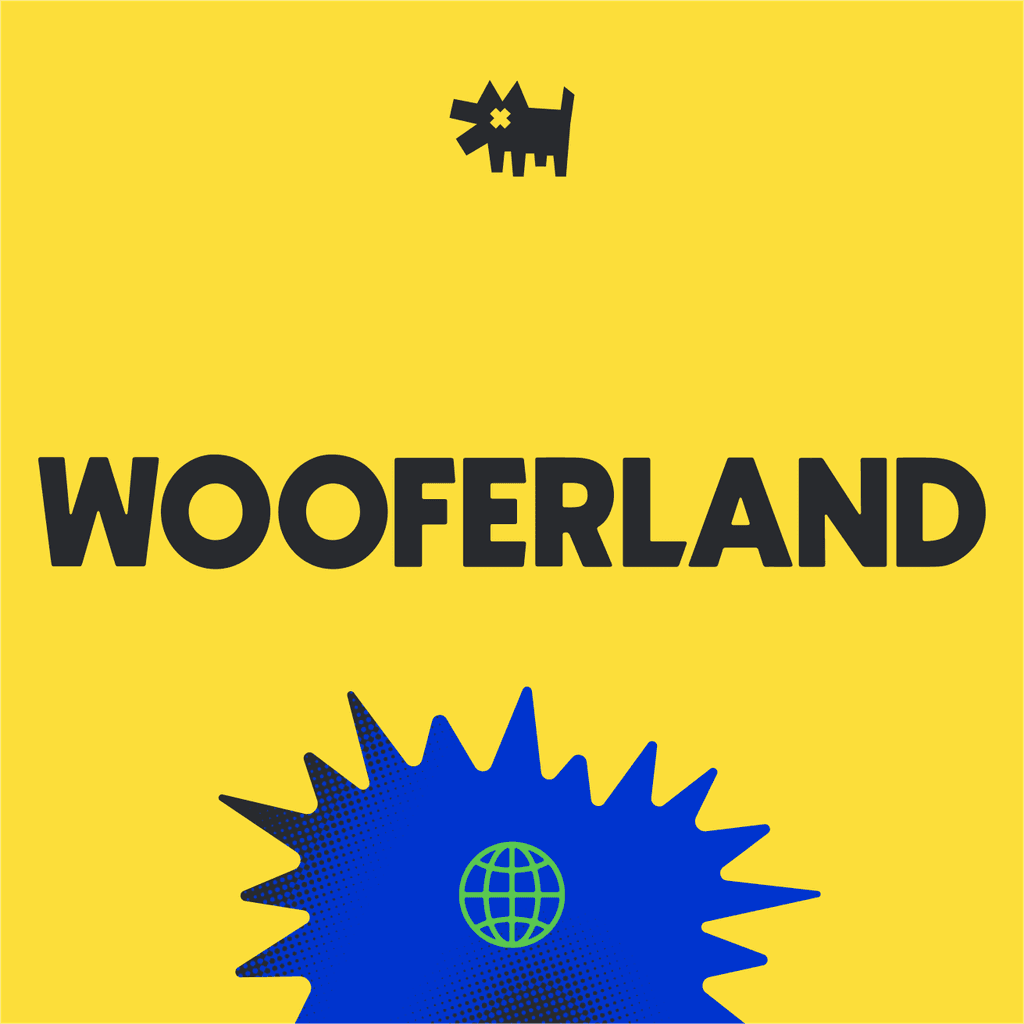 Yellow image with the text 'Wooferland' in black in the center, a dog logo above, and a blue graphic element at the bottom.