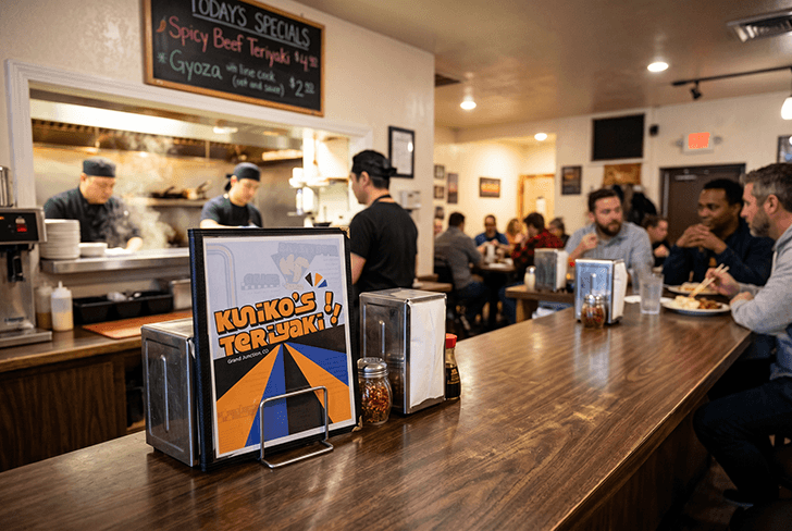 Menu sits in menu holder on bar of busy restaraunt, the cover is visible to the camera.
