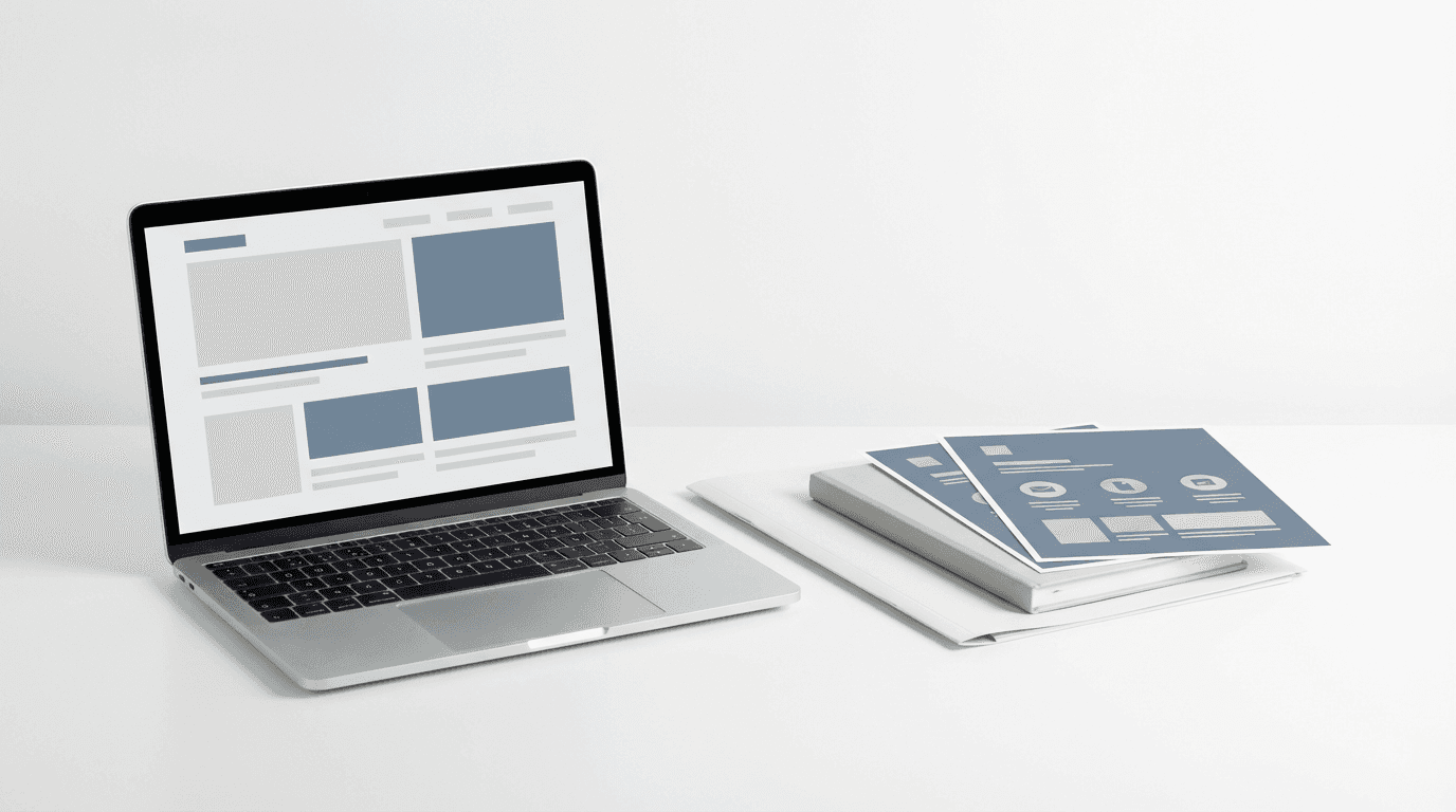 Team collaborating in a modern office with computers and laptops on a shared desk.