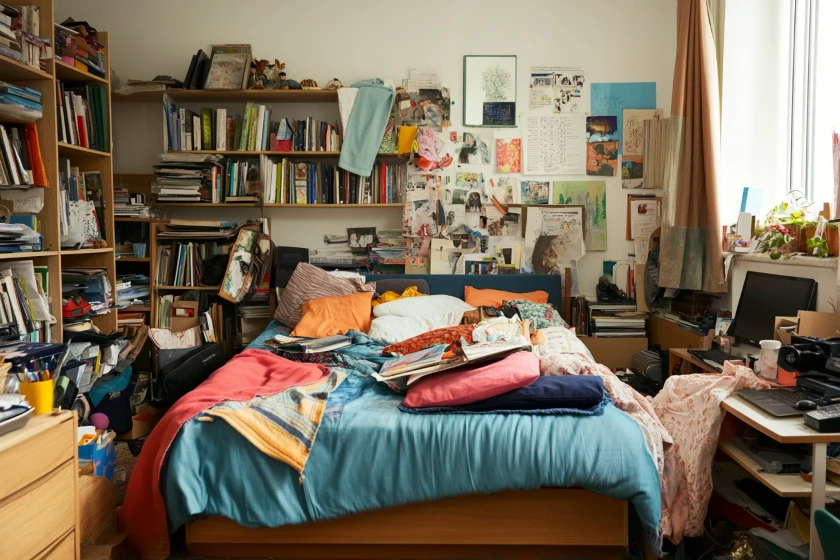 Messy bedroom with a cluttered bed, shelves full of books and papers, and a desk with a computer in Van Nuys, California