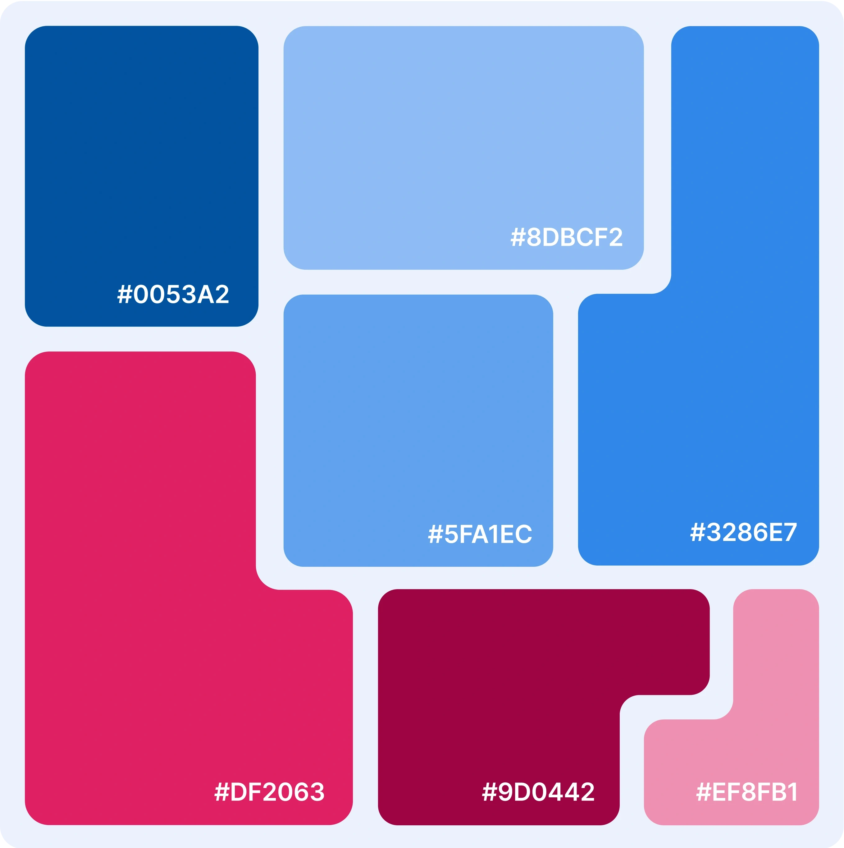  A color palette visual displaying seven distinct color blocks, each labeled with its corresponding hex code. The blocks are arranged in an irregular, grid-like format with rounded corners. The colors included are:  #0053A2: A deep blue. #8DBCF2: A light blue. #3286E7: A vibrant medium blue. #5FA1EC: A bright sky blue. #DF2063: A bold pink. #9D0442: A deep burgundy. #EF8FB1: A soft pink. The overall design is clean and modern, showcasing a harmonious blend of blues, pinks, and reds. This color palette is likely intended for branding, UI design, or a specific project requiring consistent color usage.