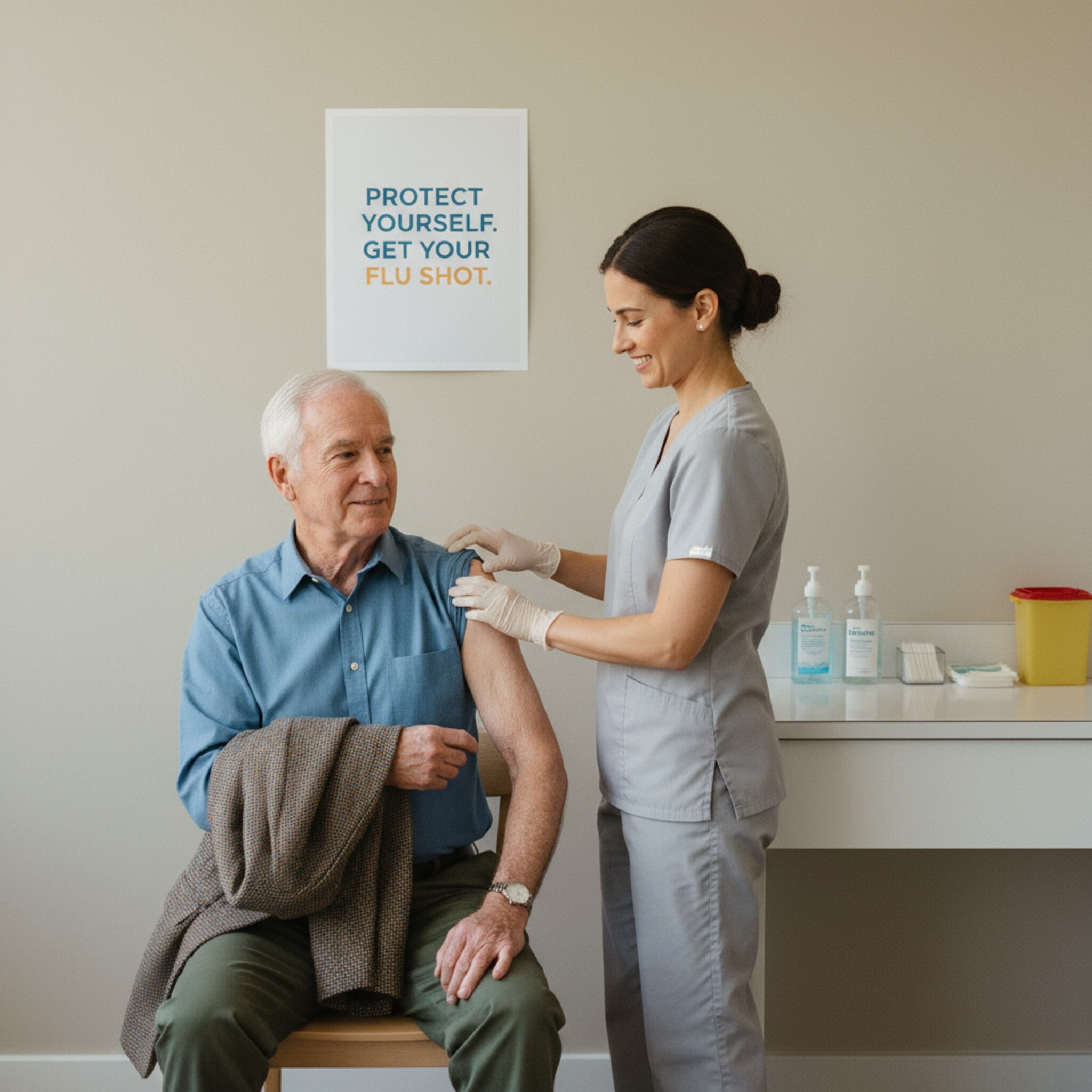 In einem kommunalen Gesundheitszentrum sitzt ein älterer Mann auf einem Stuhl, die Jacke über dem Arm, während eine Pflegekraft den Oberarm abtastet. Ein dezentes Poster informiert über Grippeschutz. Sanftes Deckenlicht sorgt für Klarheit. Die Szene zeigt Verlässlichkeit, Hygiene und menschliche Nähe.