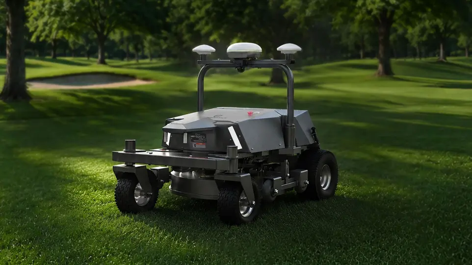 FJD RM21 Rough Ranger robotic mower mowing a golf course fairway
