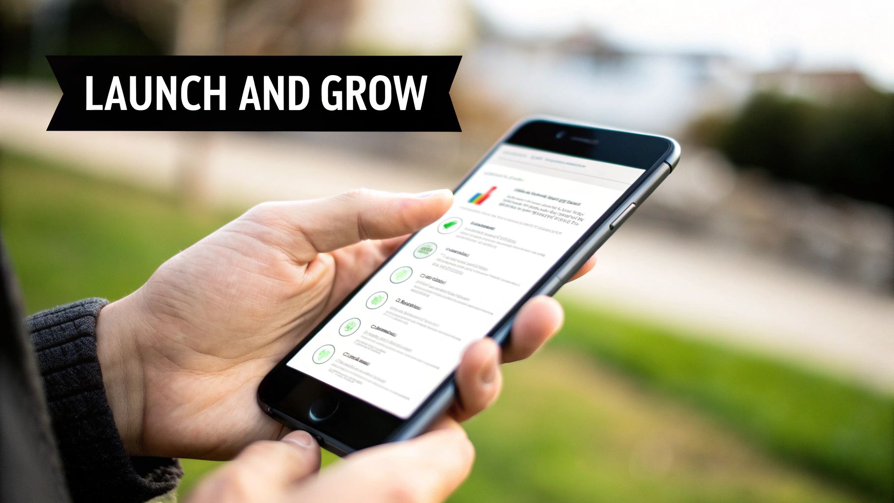 A smartphone displaying an app store interface, with a rocket icon symbolizing a successful launch.