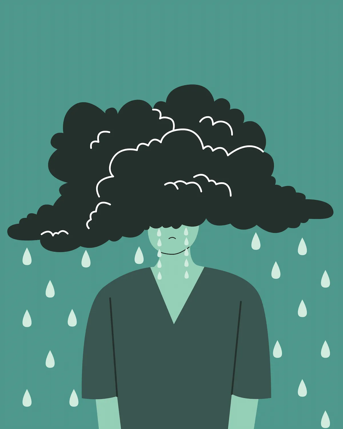 un personnage dépressif, ayant la tête dans un nuage noir avec la pluie.