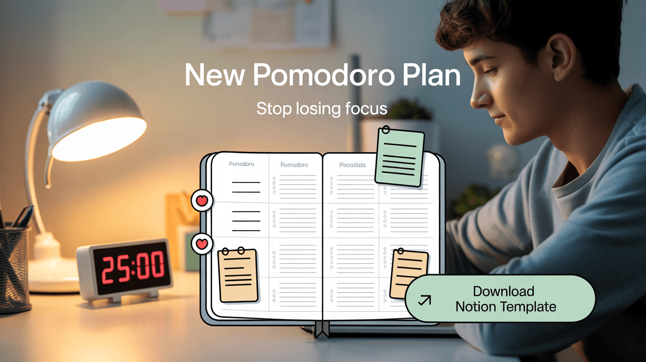 Study vlog thumbnail showing student at minimalist desk with bold Pomodoro timer and productivity CTA