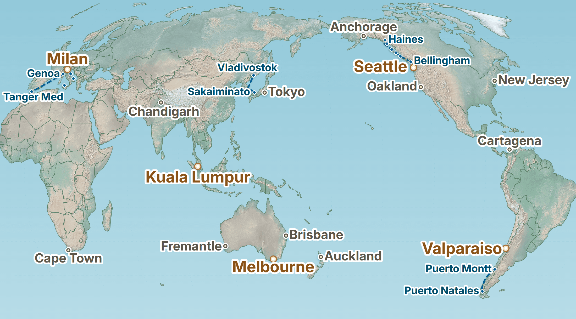 World map showing Own Bike Odyssey primary and secondary motorcycle shipping depots and RoRo ferry links