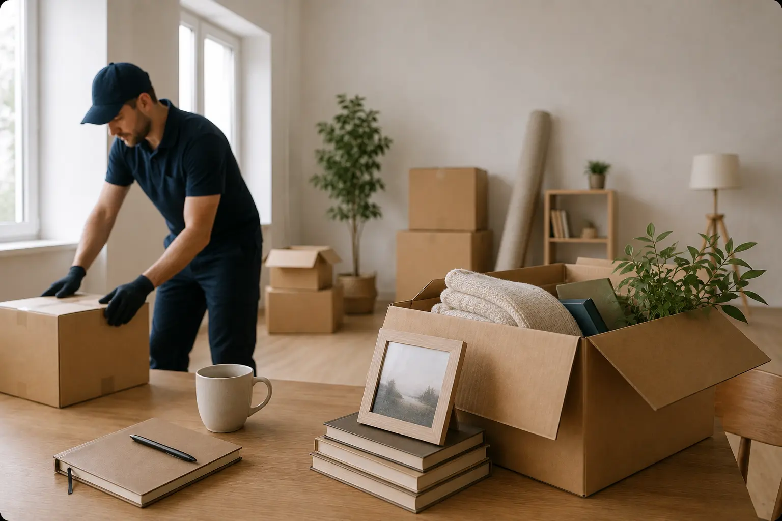Mitarbeiter bei einer Wohnungsauflösung mit Umzugskartons und persönlichen Gegenständen in heller Wohnung – Beitragsbild zum Thema Entrümpelung nach Todesfall.