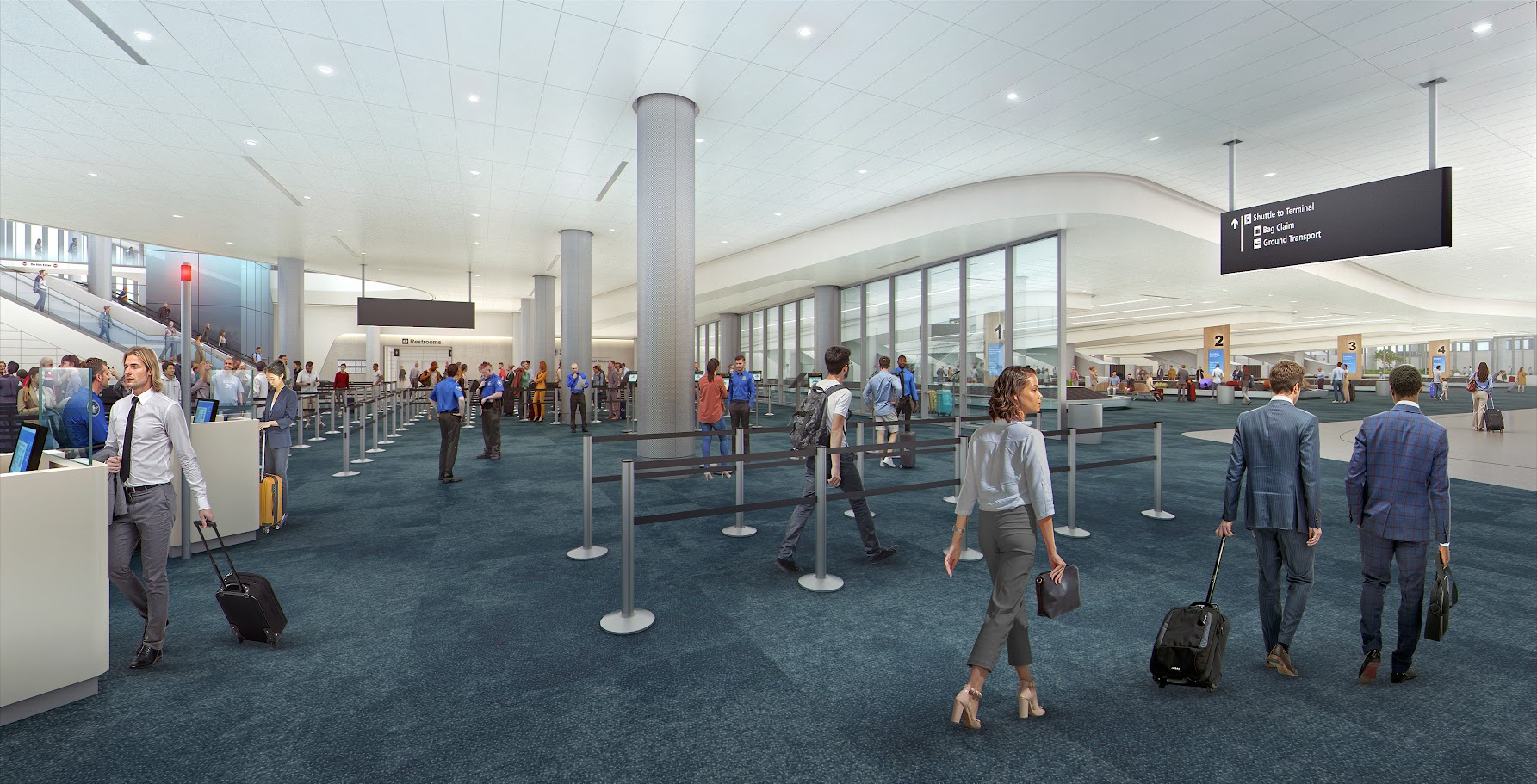 Gate area with passengers waiting and modern terminal architecture with natural lighting